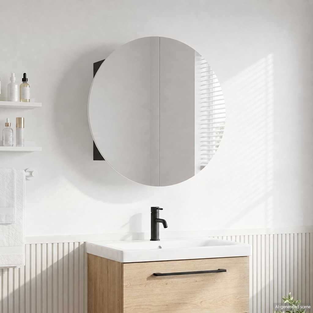 Bathroom Cabinet with Round Mirror&LED Black 54x54x17.5 cm