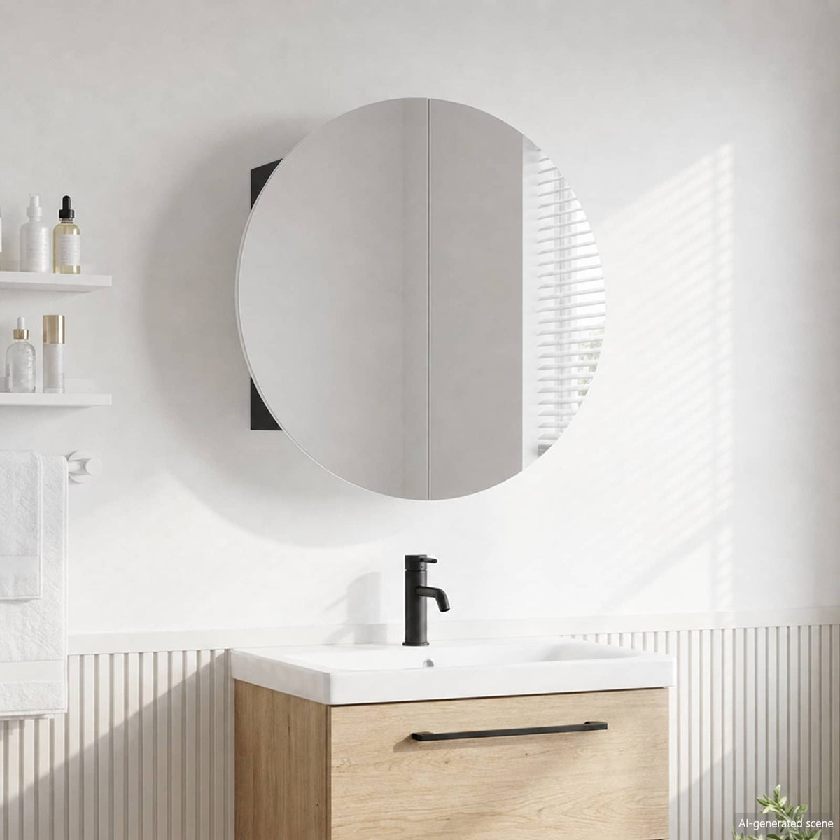 Bathroom Cabinet with Round Mirror&LED Black 54x54x17,5 cm