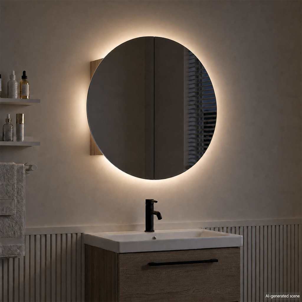 Bathroom Cabinet with Round Mirror&LED Oak 54x54x17.5 cm