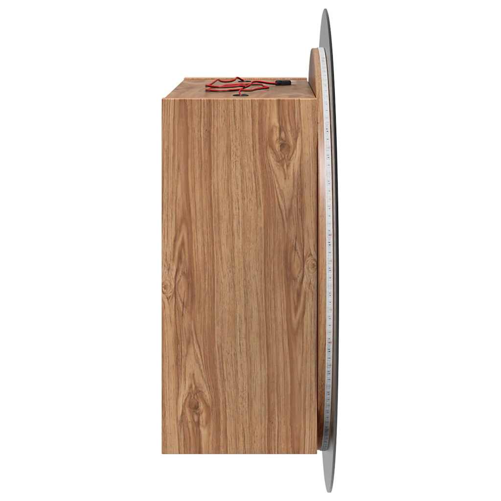 Bathroom Cabinet with Round Mirror&LED Oak 54x54x17.5 cm