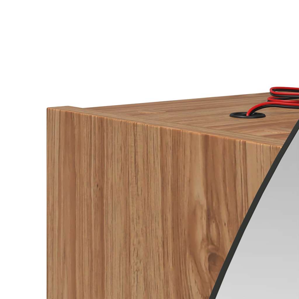 Bathroom Cabinet with Round Mirror&LED Oak 54x54x17.5 cm