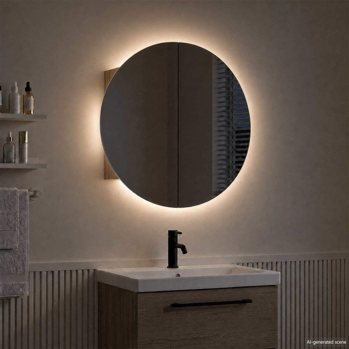 Bathroom Cabinet with Round Mirror&LED Oak 54x54x17,5 cm
