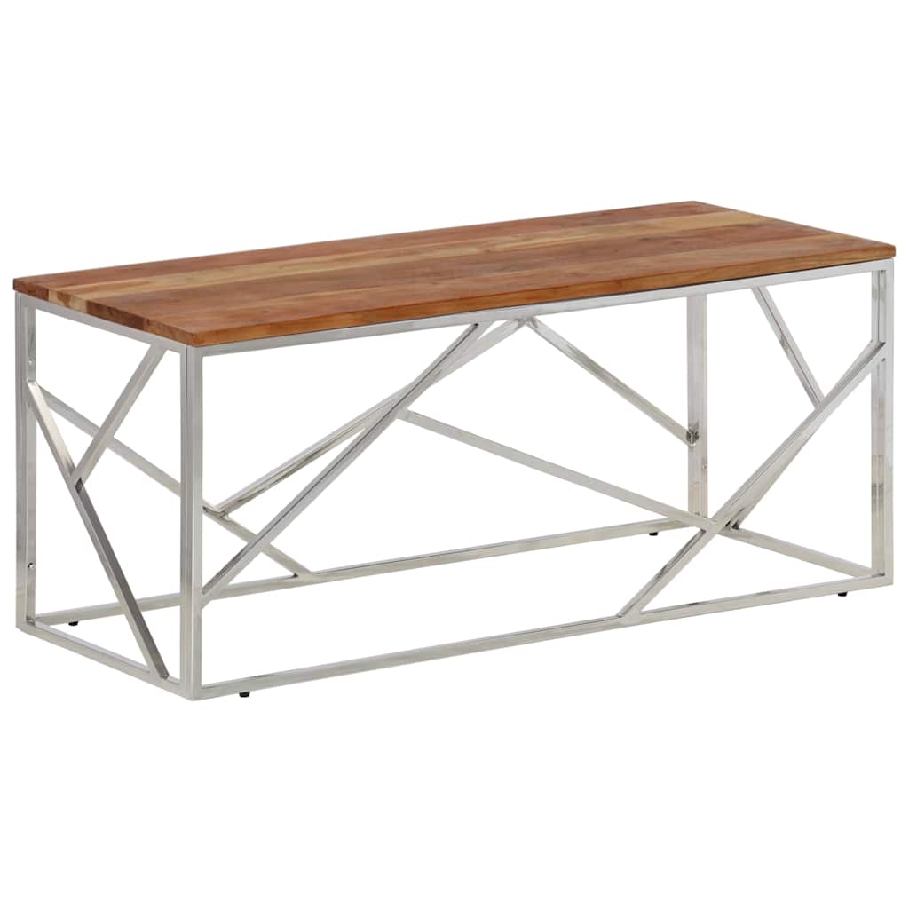 Coffee Table Silver Stainless Steel and Solid Acacia Wood