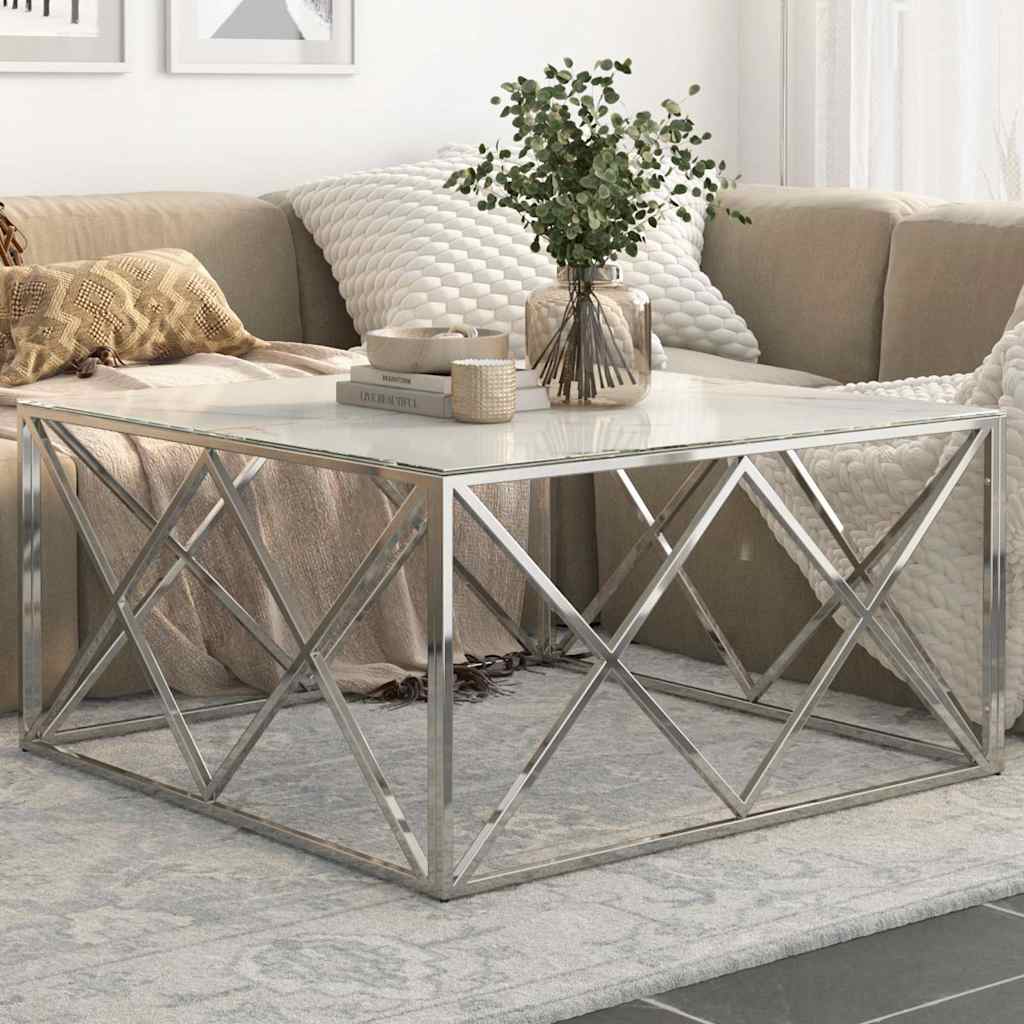Coffee Table Silver Stainless Steel and Tempered Glass
