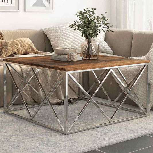Coffee Table Silver Stainless Steel and Solid Sleeper Wood