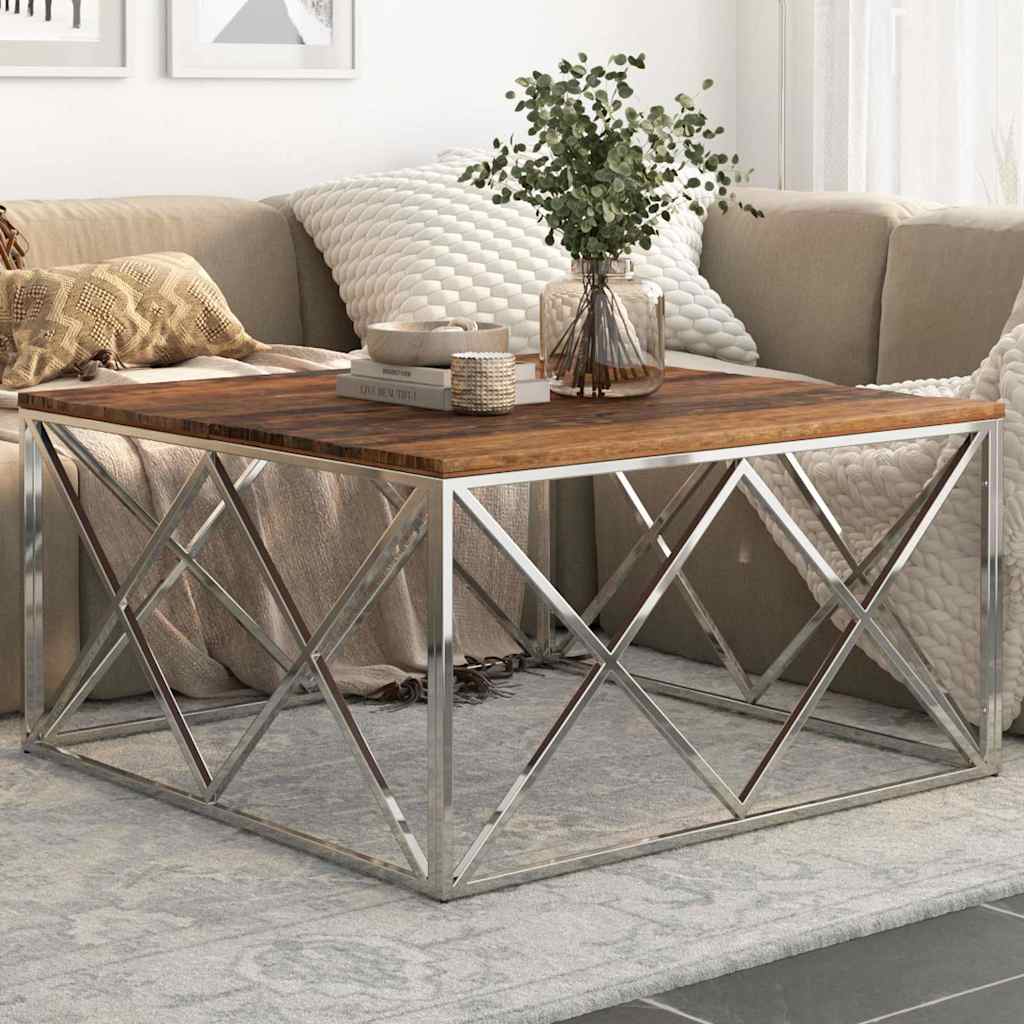 Coffee Table Silver Stainless Steel and Solid Sleeper Wood