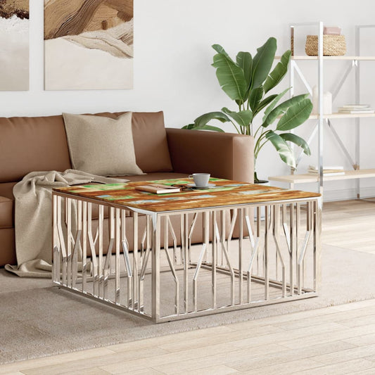 Coffee Table Silver Stainless Steel and Solid Wood Reclaimed