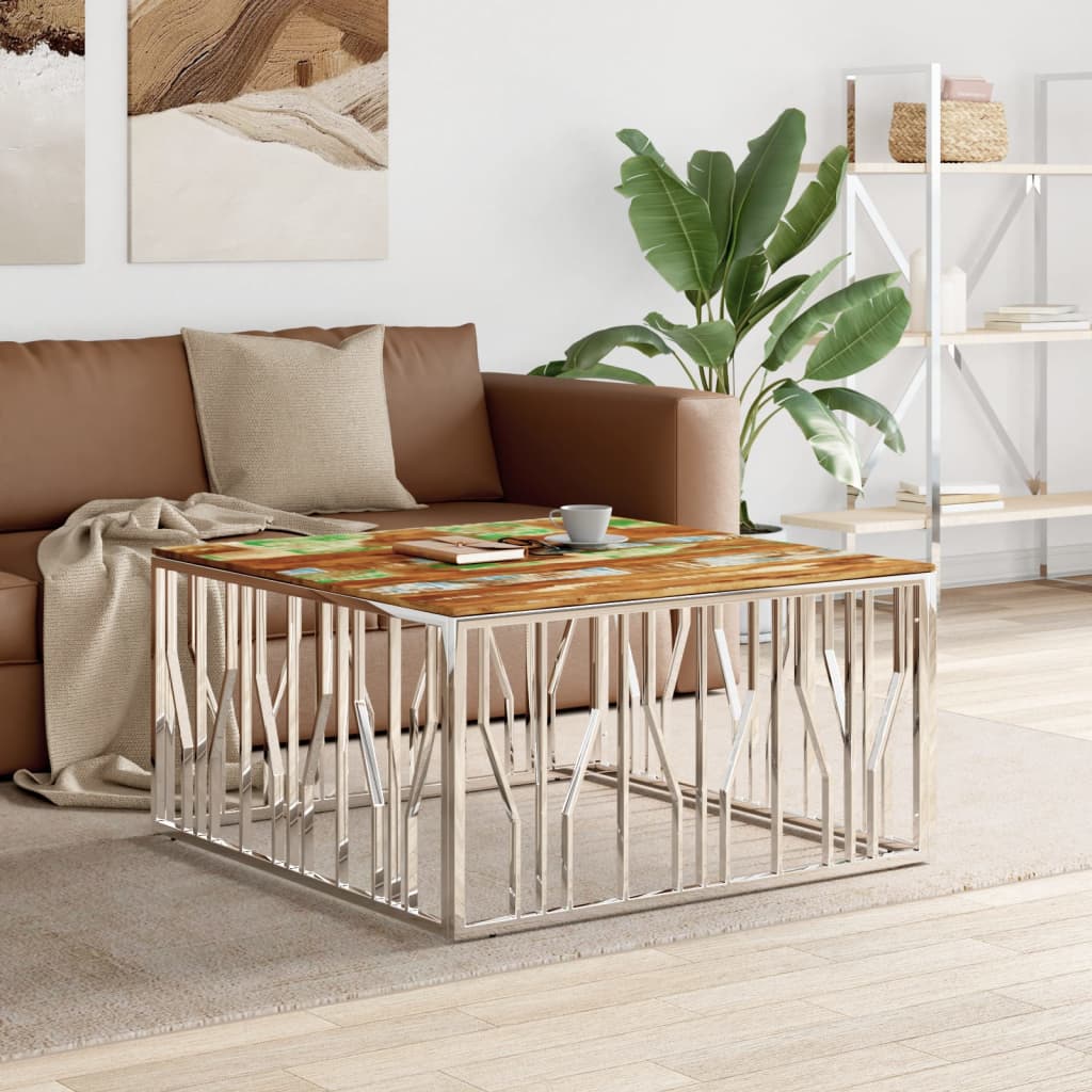 Coffee Table Silver Stainless Steel and Solid Wood Reclaimed