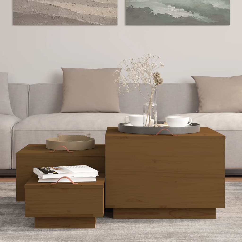 Storage Boxes with Lids 3 pcs Honey Brown Solid Wood Pine