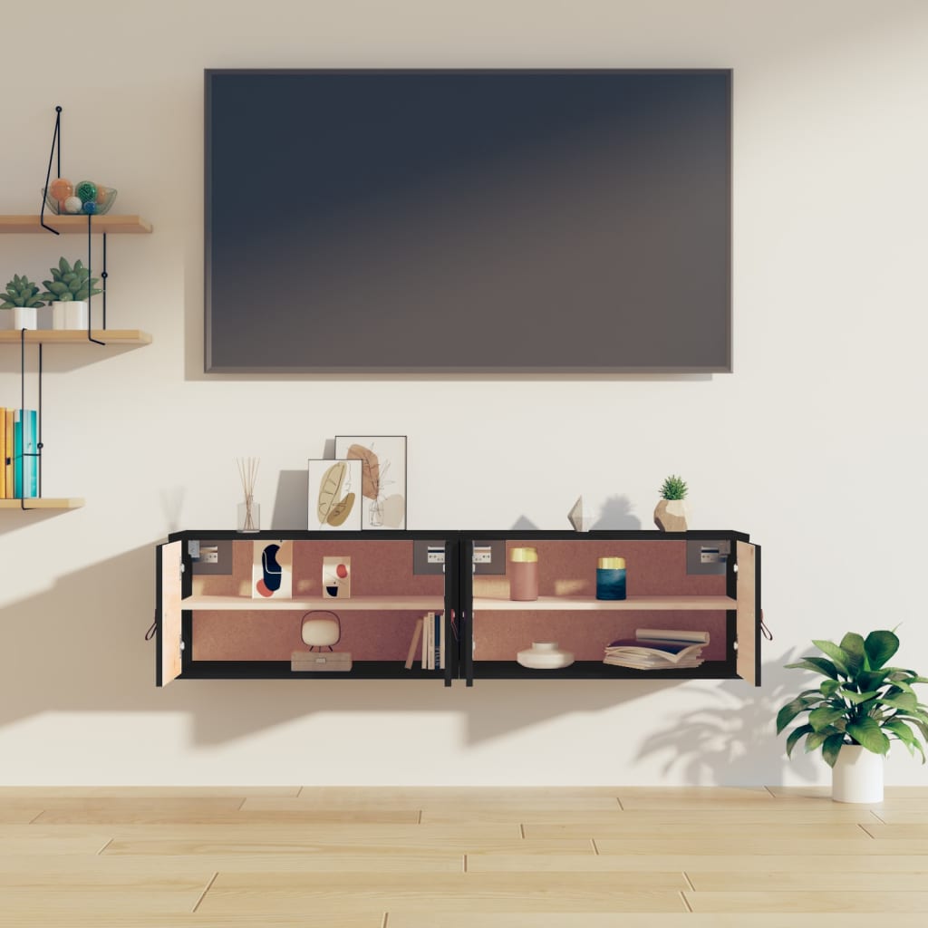 Wall Cabinet | Set of 2 | Black | Solid pinewood, engineered wood