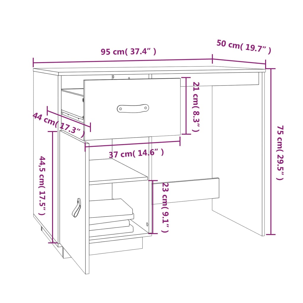 vidaXL Desk 95x50x75 cm Solid Wood Pine