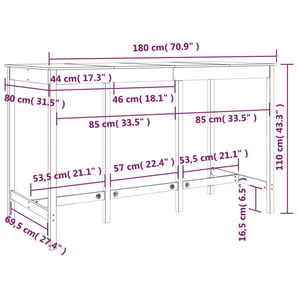 vidaXL Bar Table Black 180x80x110 cm Solid Wood Pine