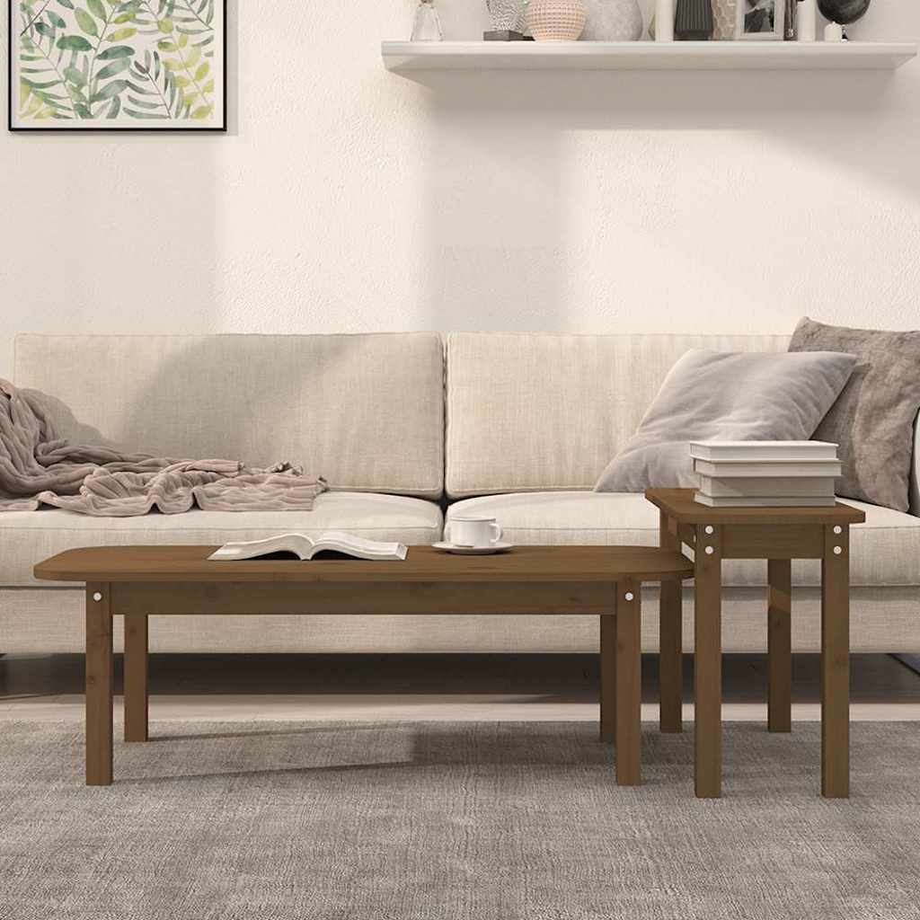 2 Piece Coffee Table Set Honey Brown Solid Wood Pine