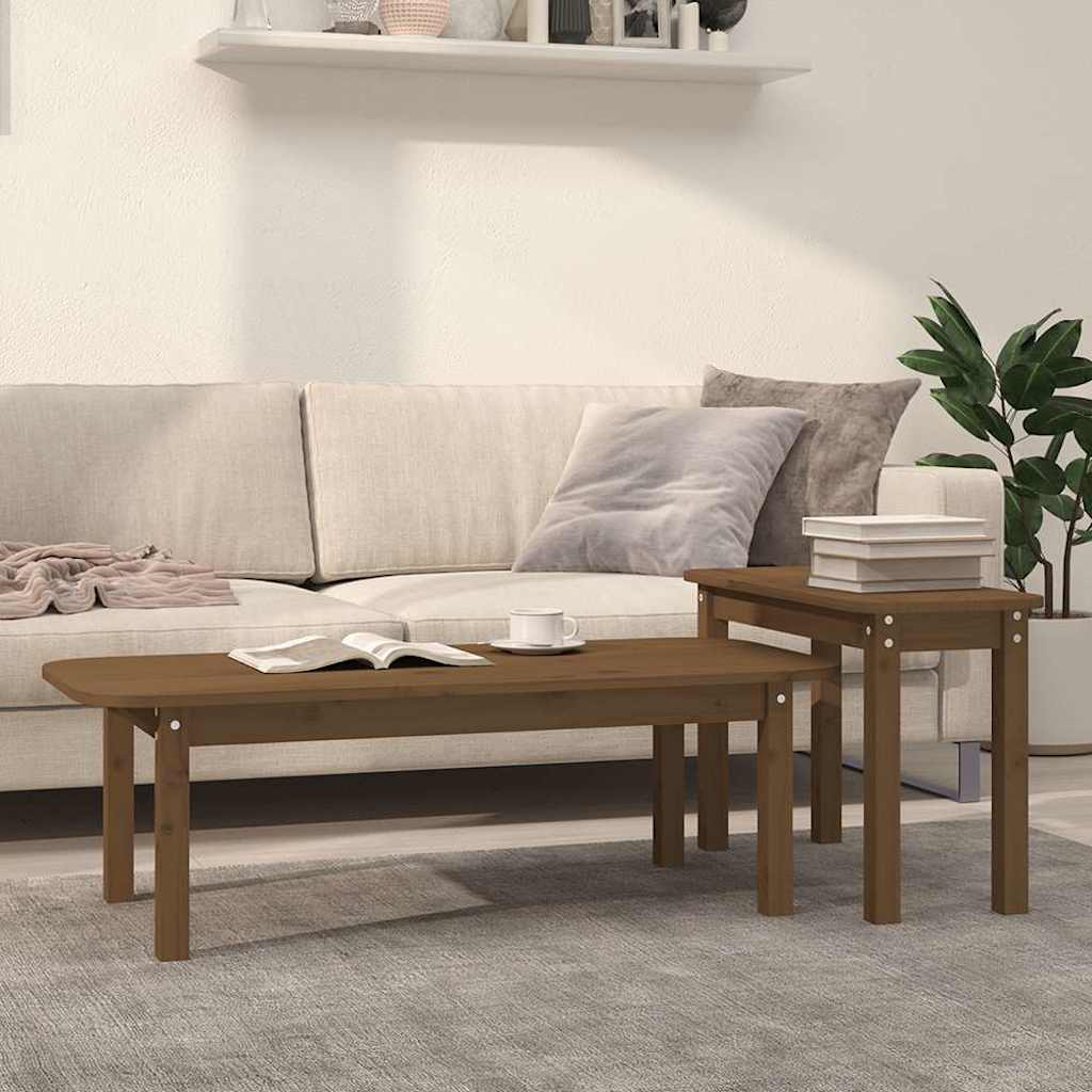 2 Piece Coffee Table Set Honey Brown Solid Wood Pine