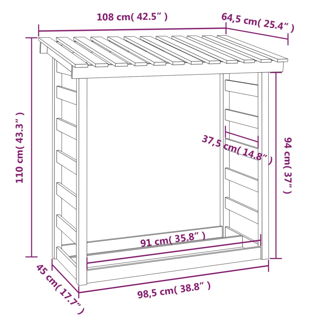 vidaXL Firewood Rack 108x64.5x110 cm Solid Wood Pine