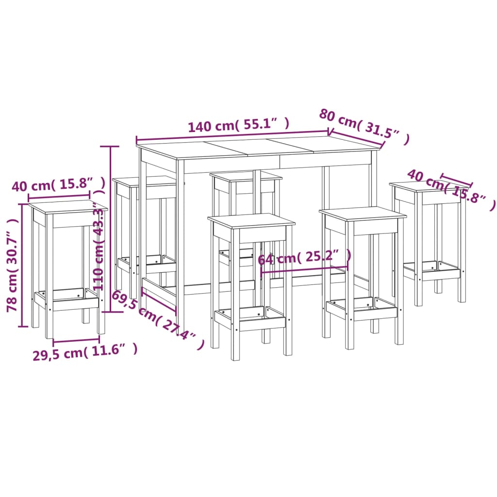 vidaXL 7 Piece Bar Set Solid Wood Pine