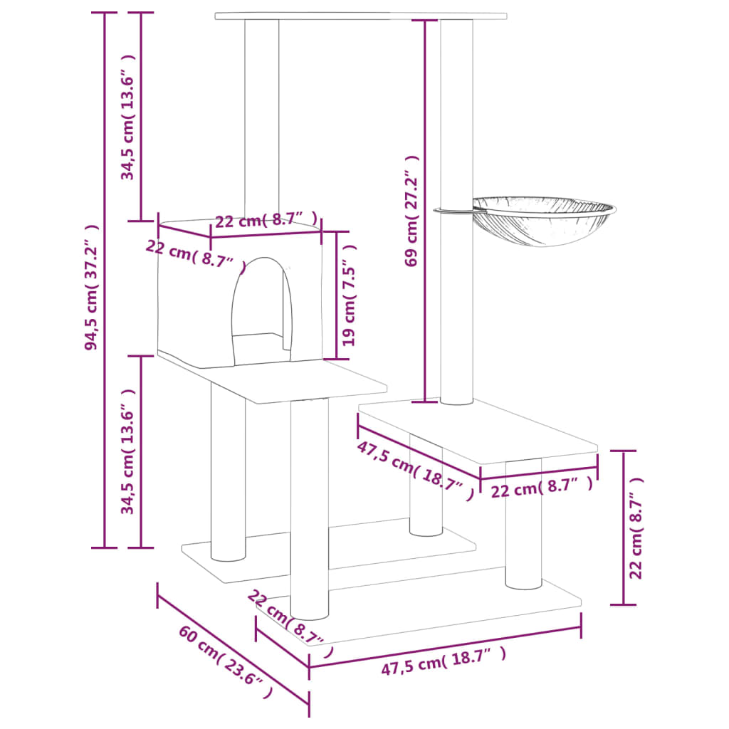 vidaXL Cat Tree with Sisal Scratching Posts Cream 94.5 cm