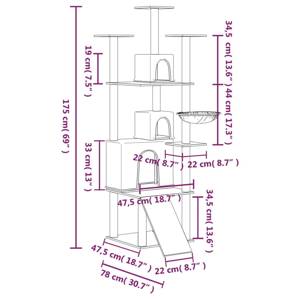 Cat Tree with Sisal Scratching Posts Cream 175 cm