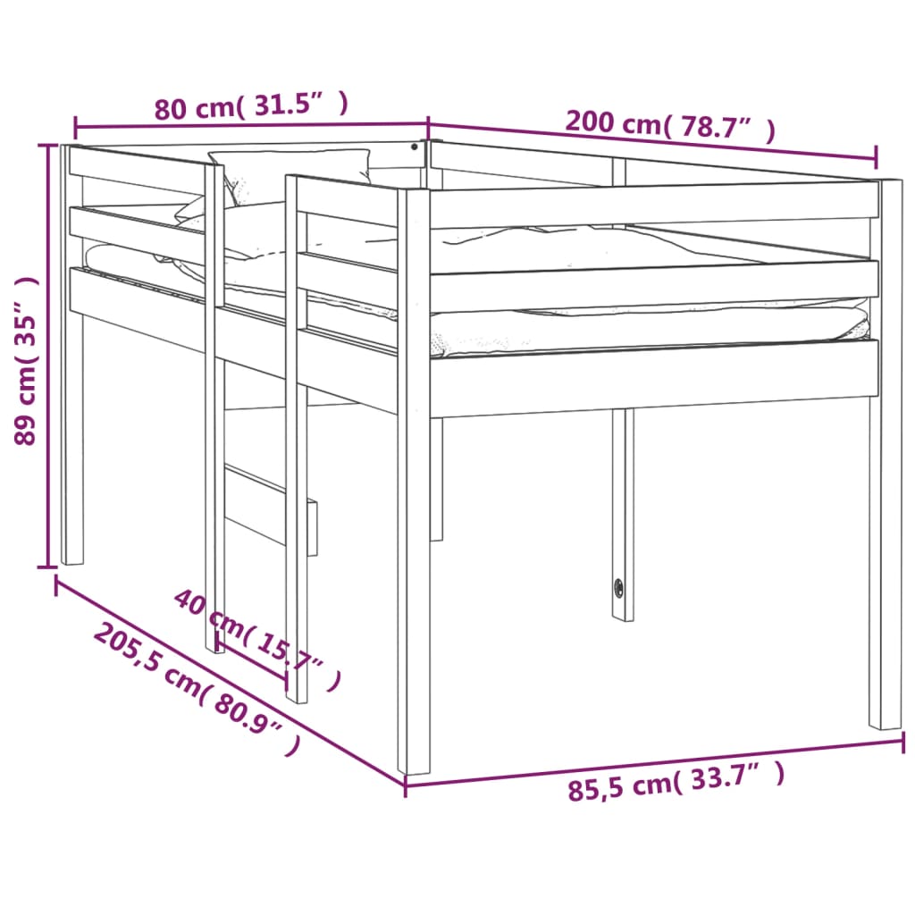 vidaXL High Sleeper Bed without Mattress 80x200 cm Solid Wood Pine