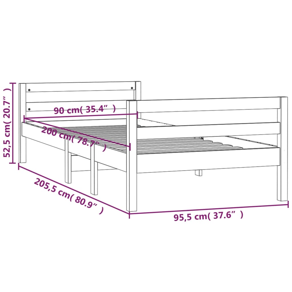 vidaXL Bed Frame without Mattress Grey 90x200 cm Solid Wood Pine