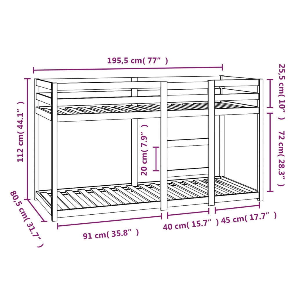 vidaXL Bunk Bed without Mattress 75x190 cm Small Single Solid Wood Pine