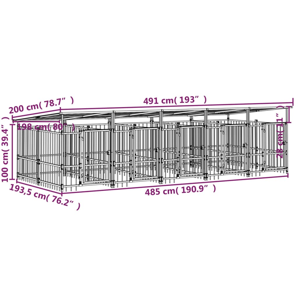 vidaXL Outdoor Dog Kennel with Roof Steel 9.38 m²