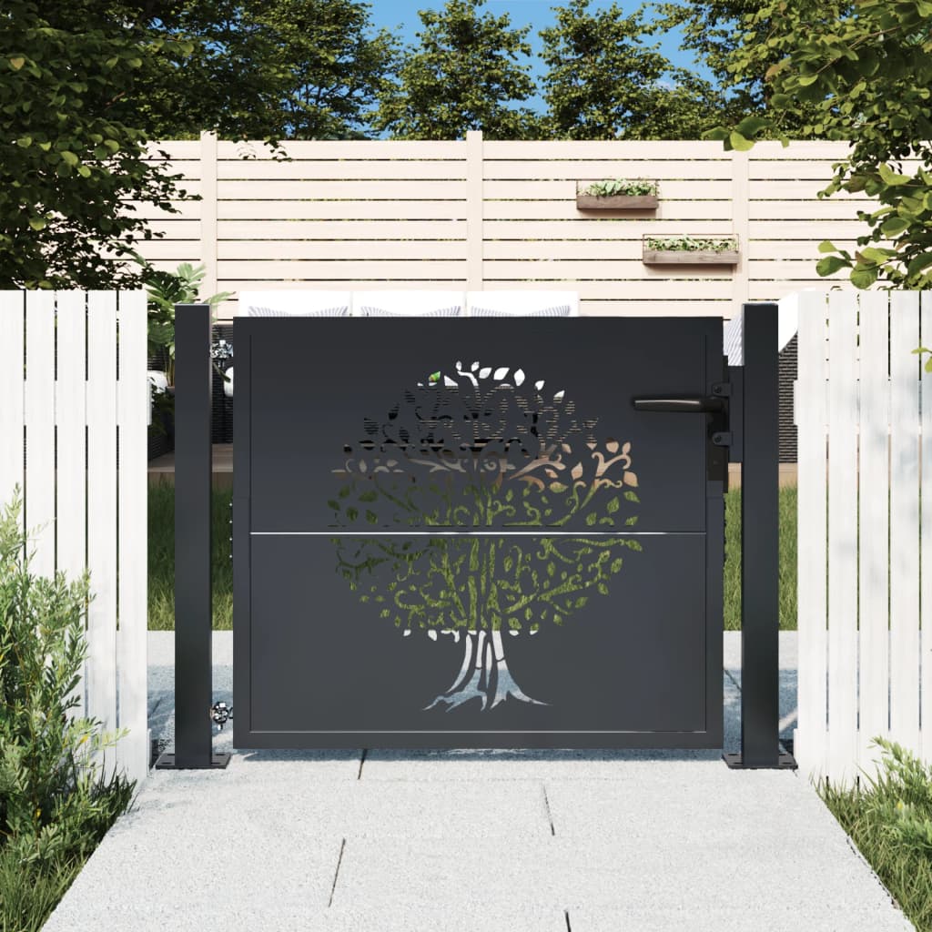 vidaXL Garden Gate Anthracite 105x80 cm Steel Tree Design