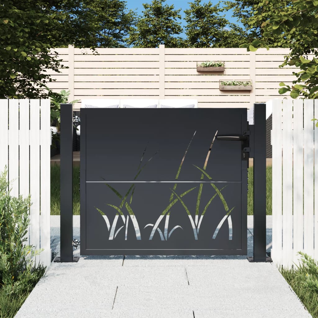 vidaXL Garden Gate Anthracite 105x80 cm Steel Grass Design