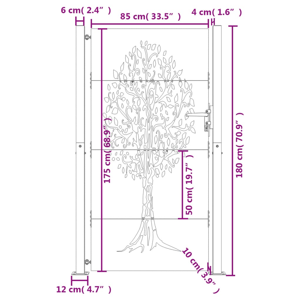 vidaXL Garden Gate 105x180 cm Corten Steel Tree Design