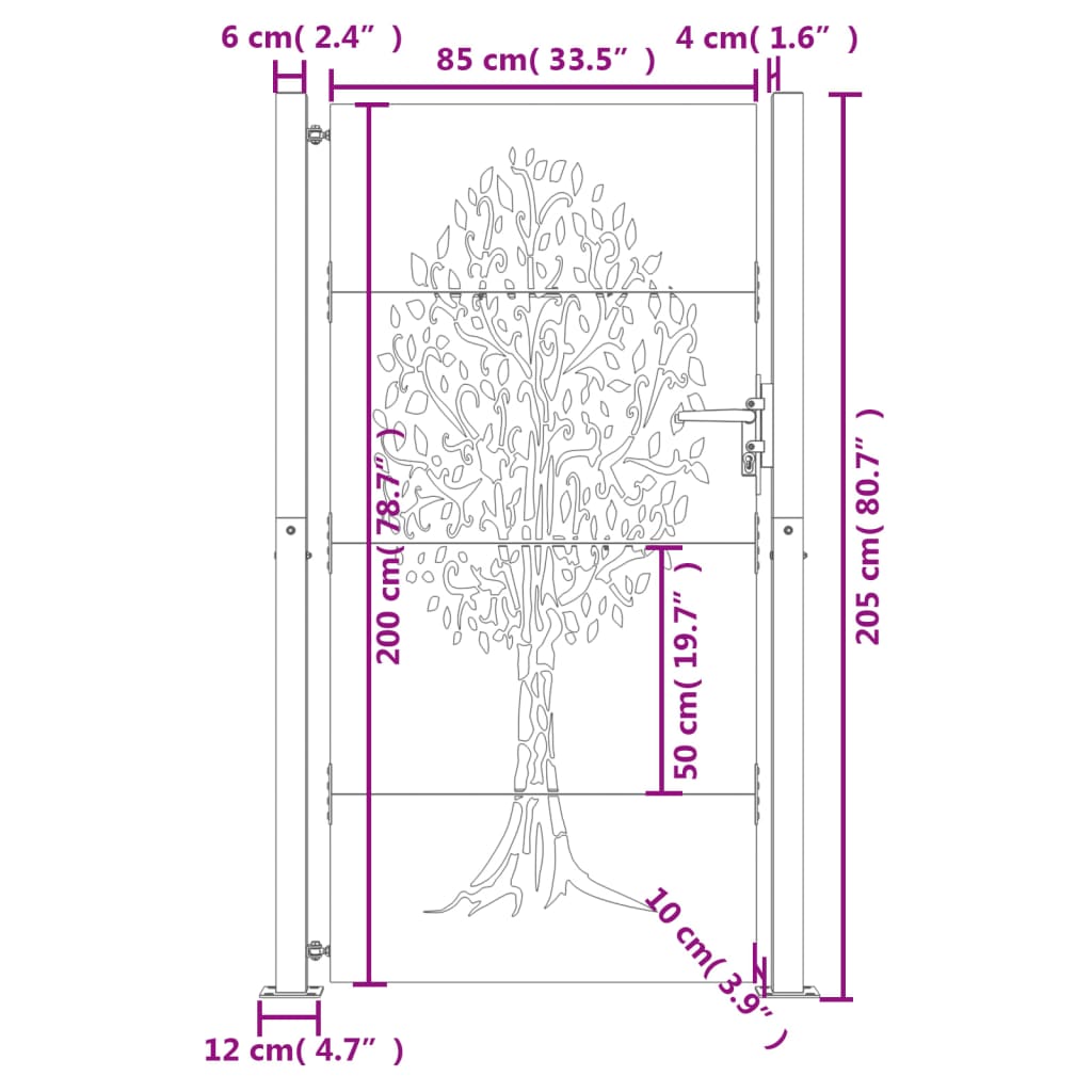 vidaXL Garden Gate 105x205 cm Corten Steel Tree Design