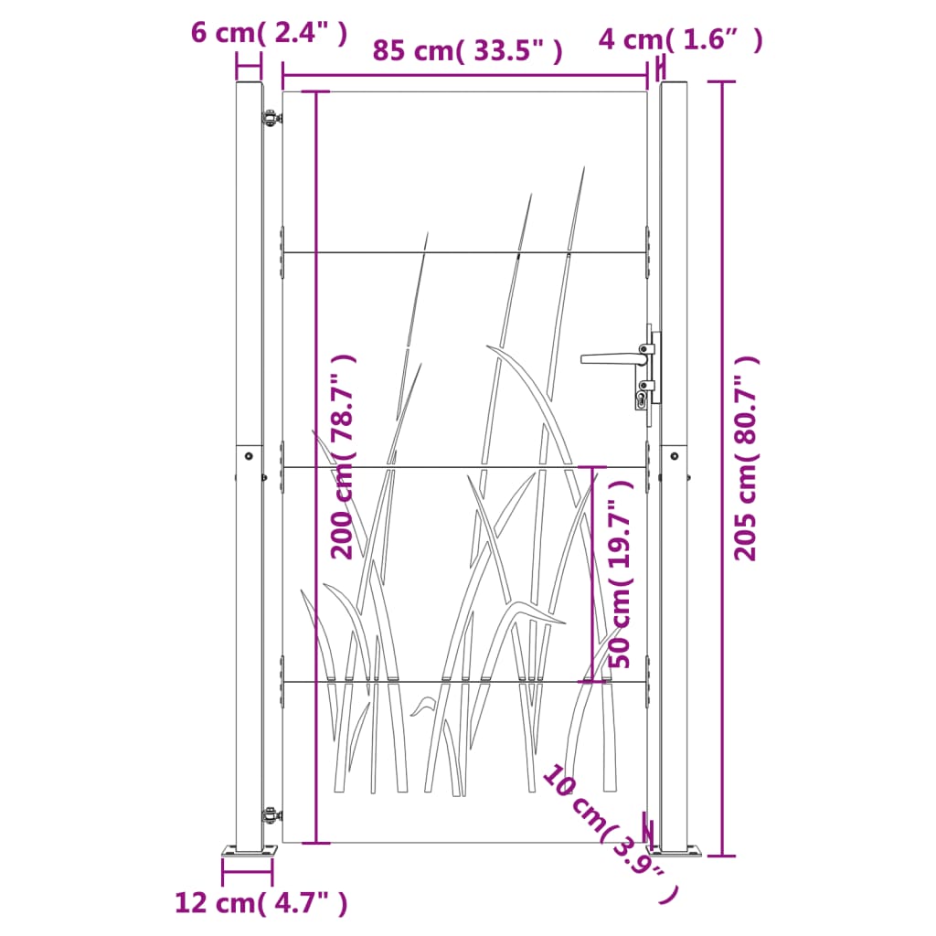 vidaXL Garden Gate 105x205 cm Corten Steel Grass Design