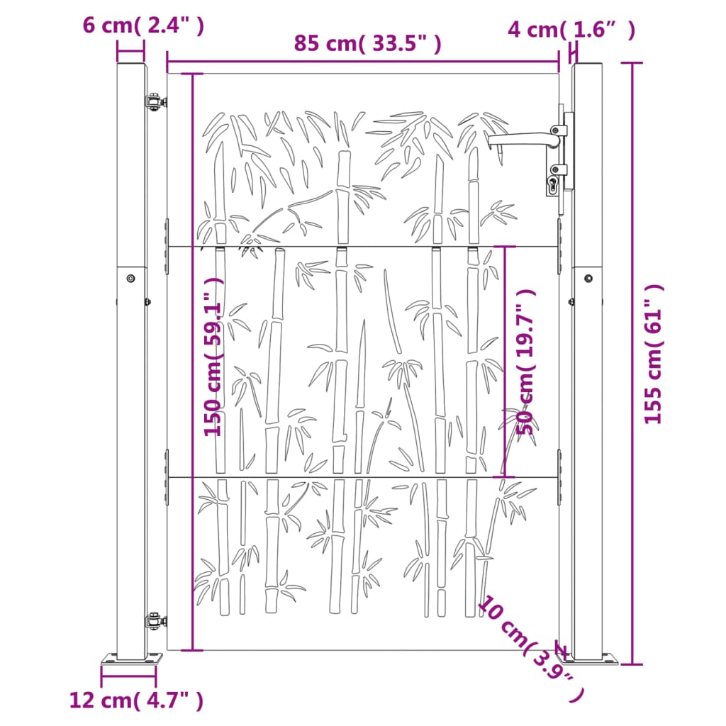 vidaXL Garden Gate 105x155 cm Corten Steel Bamboo Design