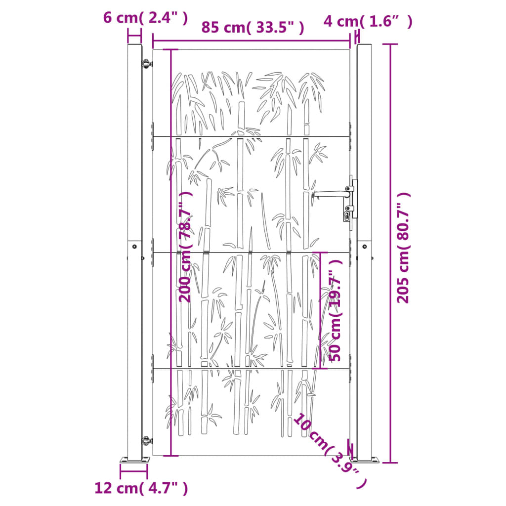 vidaXL Garden Gate 105x205 cm Corten Steel Bamboo Design