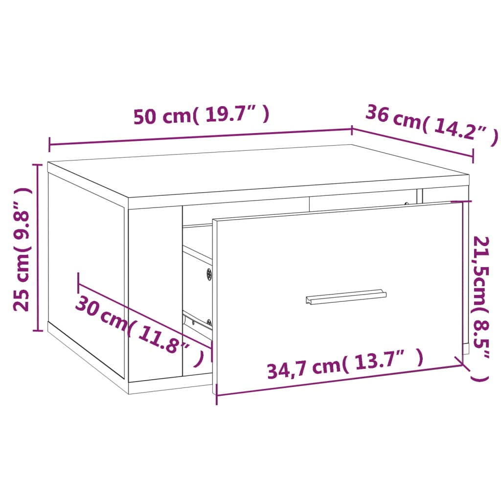 vidaXL Wall-mounted Bedside Cabinet Concrete Grey 50x36x25 cm