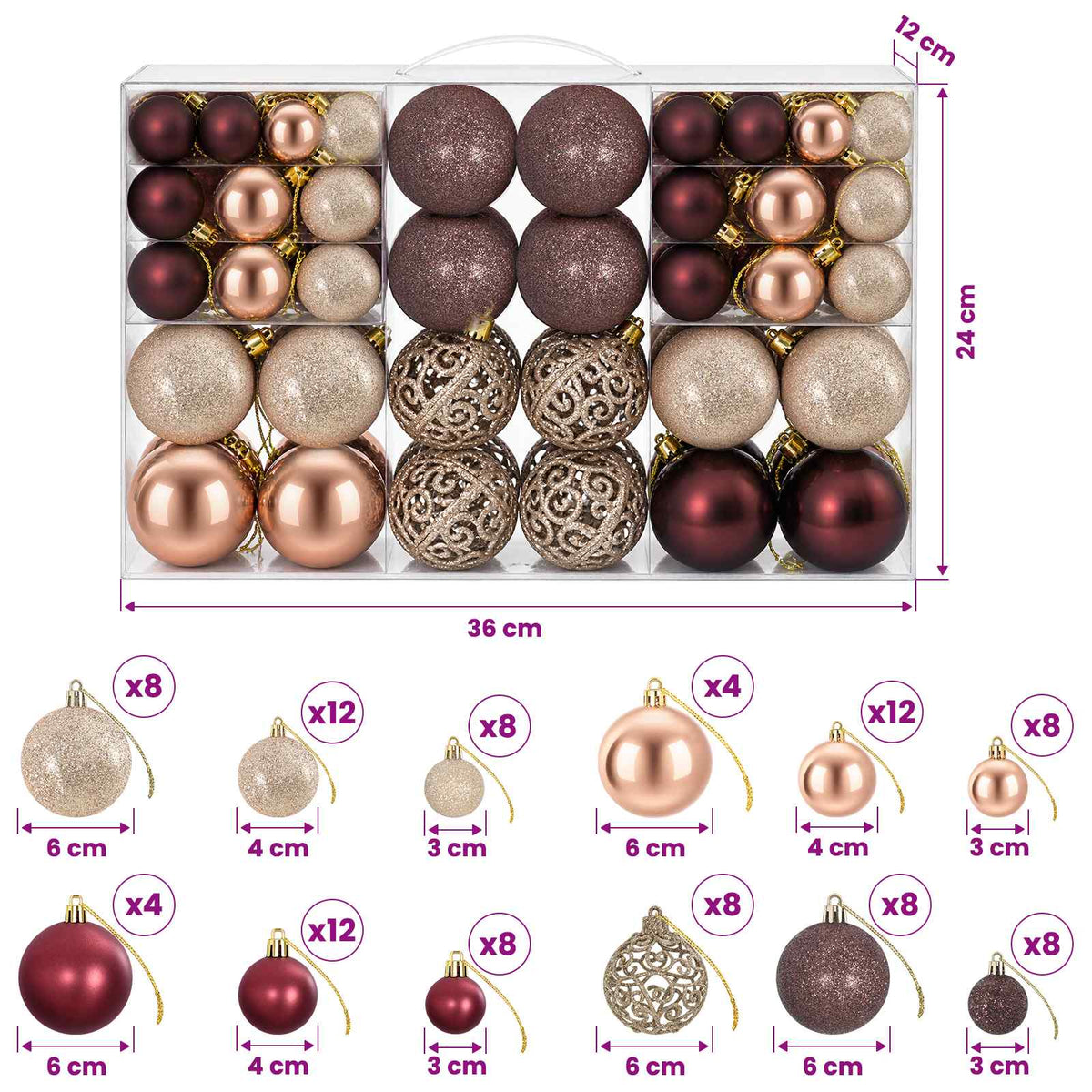 Christmas Baubles 100 pcs Champagne and Brown 3 / 4 / 6 cm