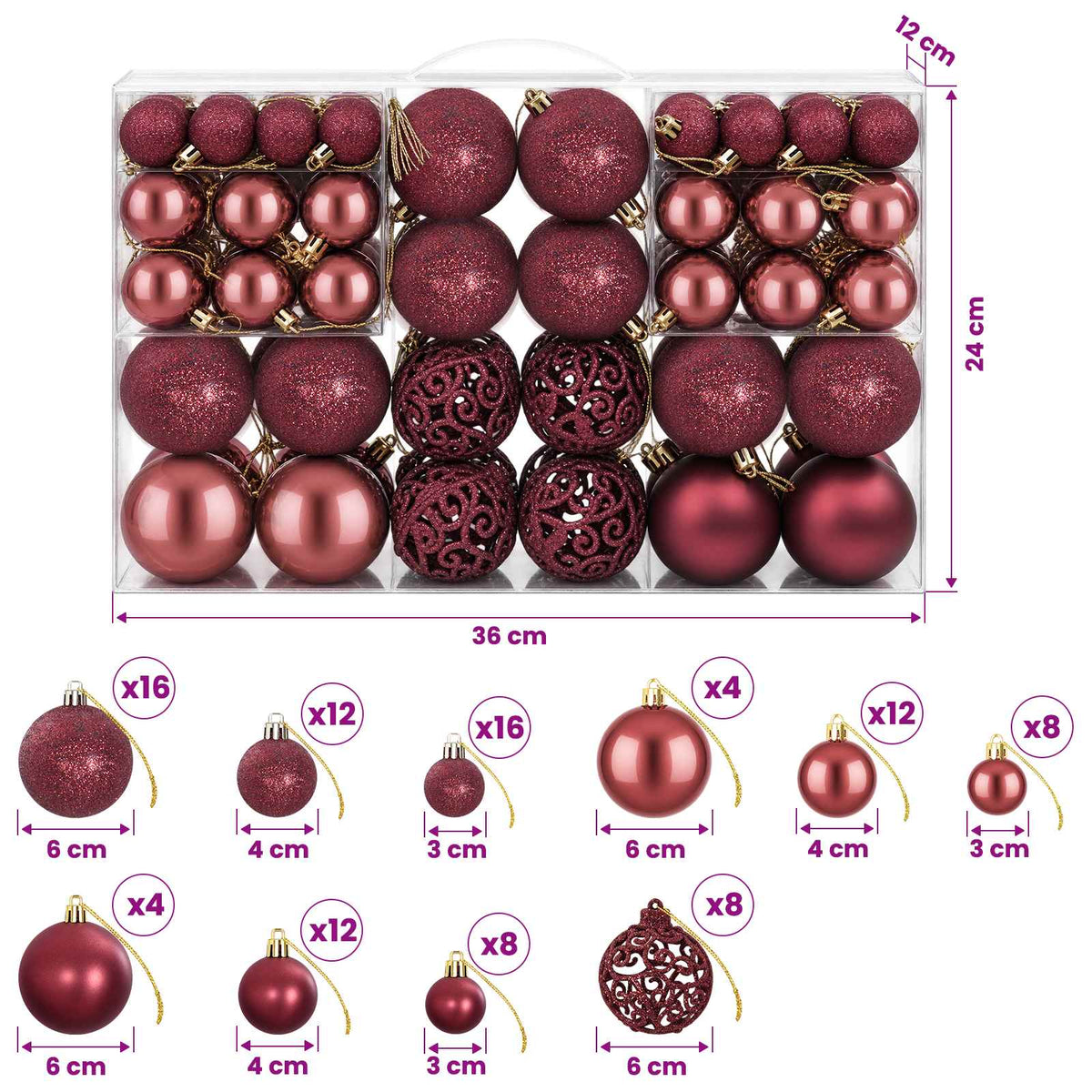Christmas Baubles 100 pcs Wine Red 3 / 4 / 6 cm