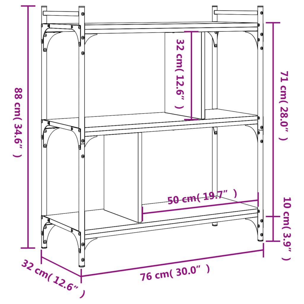 Bookcase 3-Tier Black 76x32x88 cm Engineered Wood