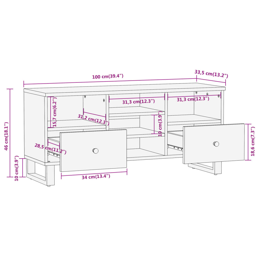 TV Cabinet Brown and Black 100x33,5x46 cm Solid Wood Mango