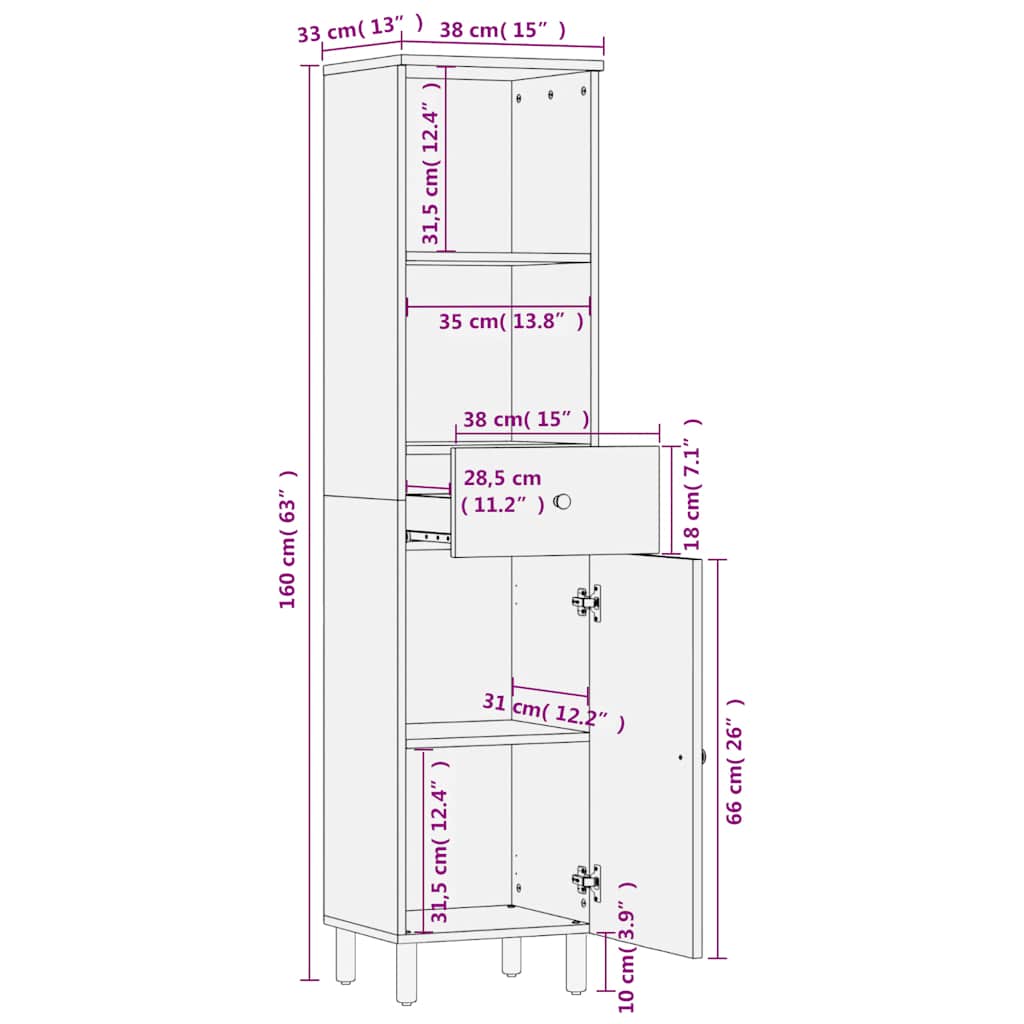 Bathroom Cabinet Black 38x33x160 cm Solid Wood Mango