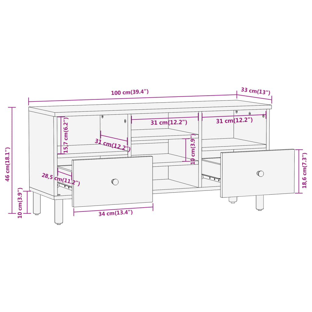 TV Cabinet 100x33x46 cm Solid Wood Mango