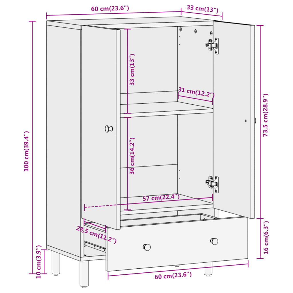 vidaXL Highboard 60x33x100 cm Solid Wood Mango