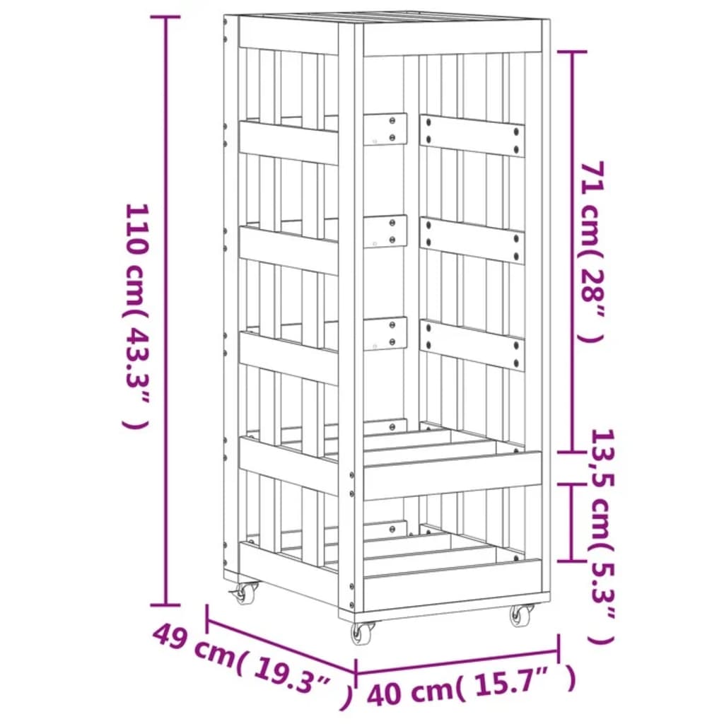 vidaXL Log Holder with Wheels White 40x49x110 cm Solid Wood Pine