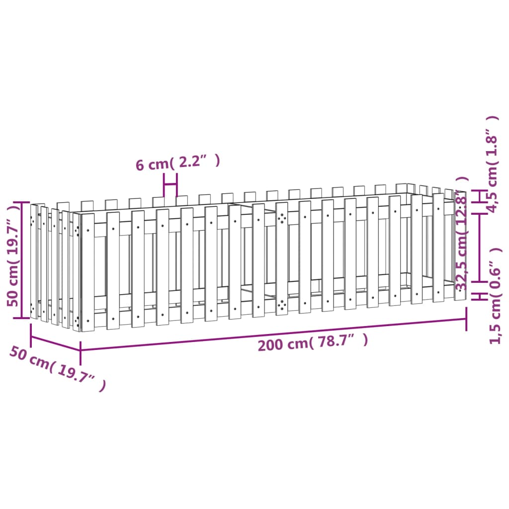 vidaXL Garden Raised Bed with Fence Design White 200x50x50 cm Solid Wood Pine