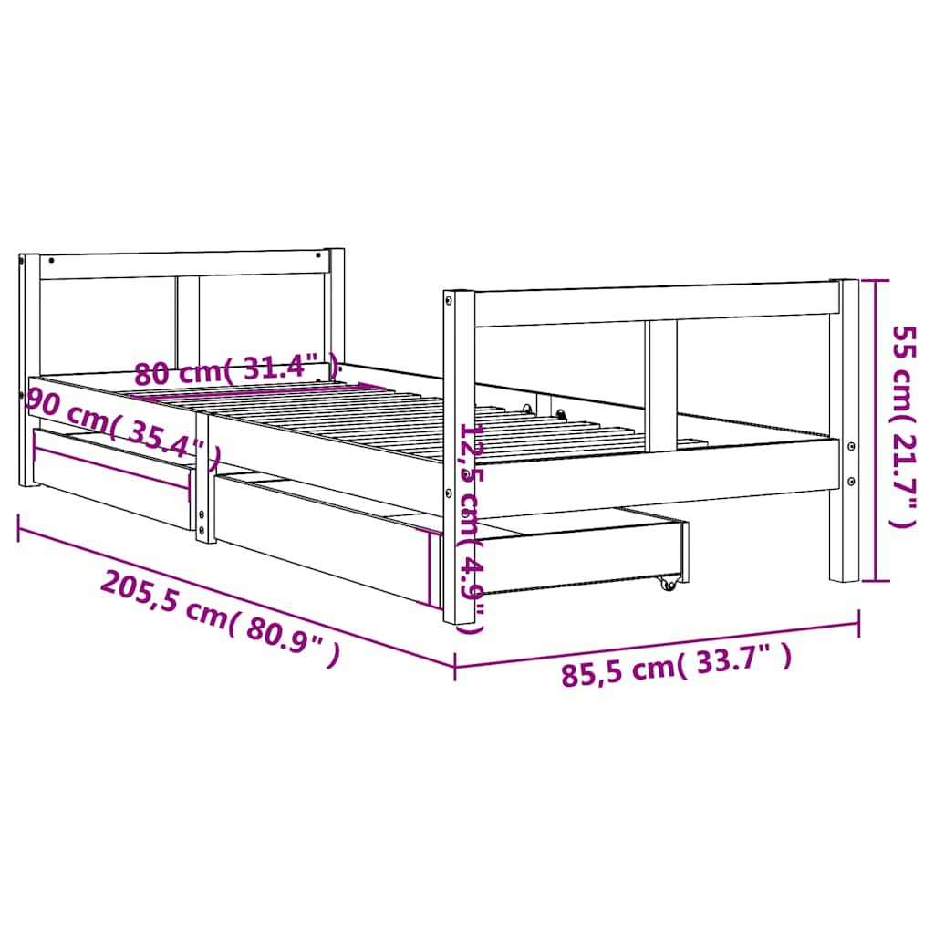 Kids Bed Frame with Drawers White 80x200 cm Solid Wood Pine