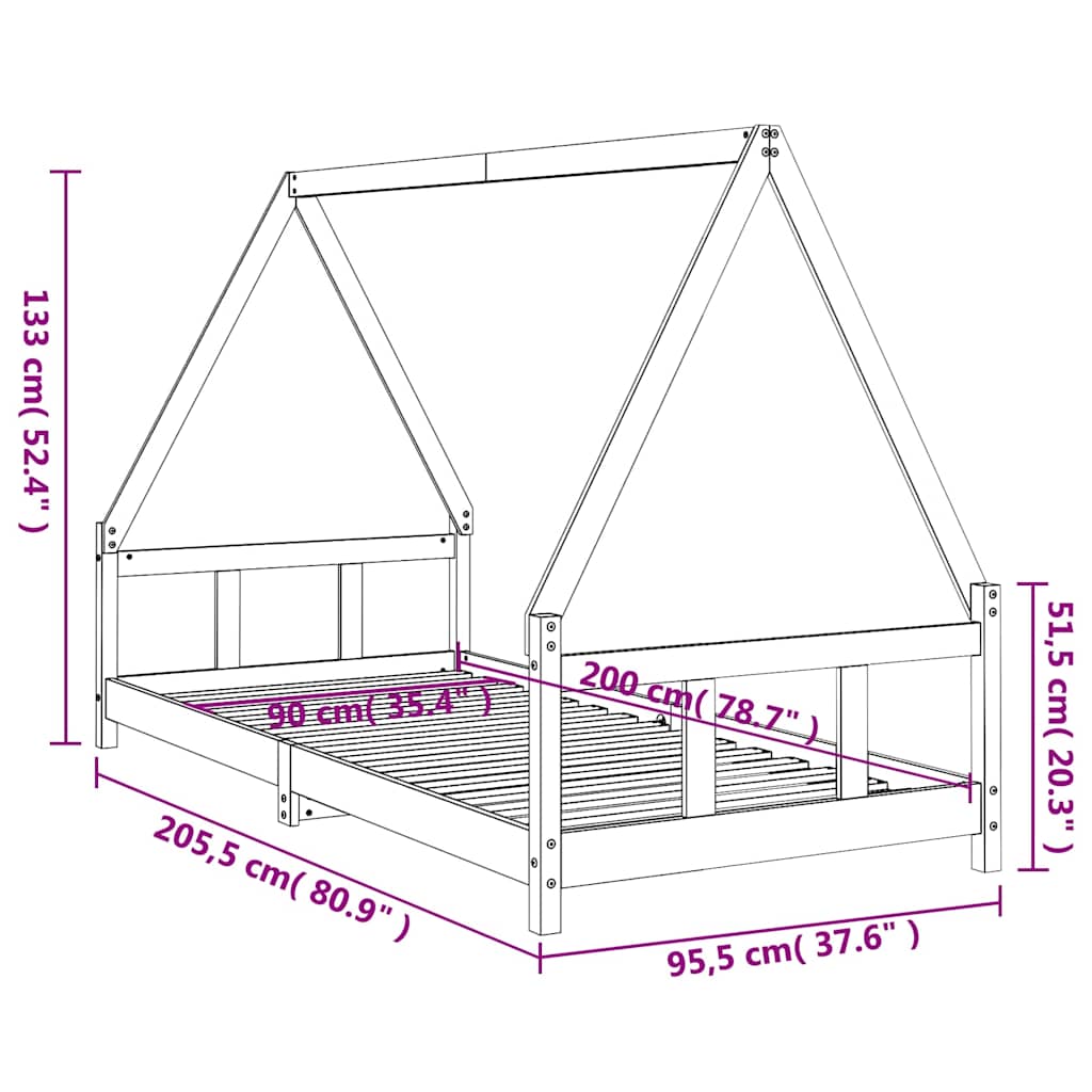 Kids Bed Frame 90x200 cm Solid Wood Pine