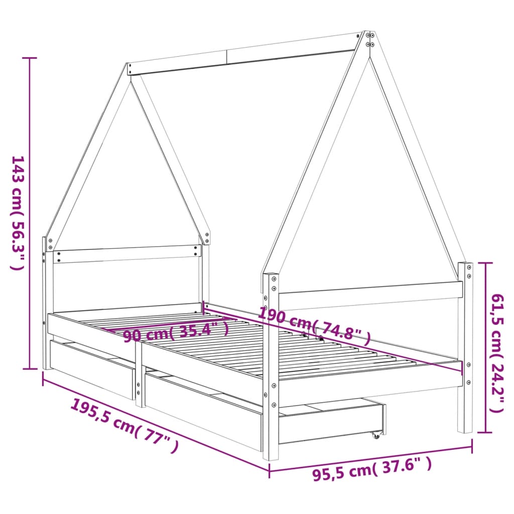 vidaXL Kids Bed Frame with Drawers 90x190 cm Solid Wood Pine