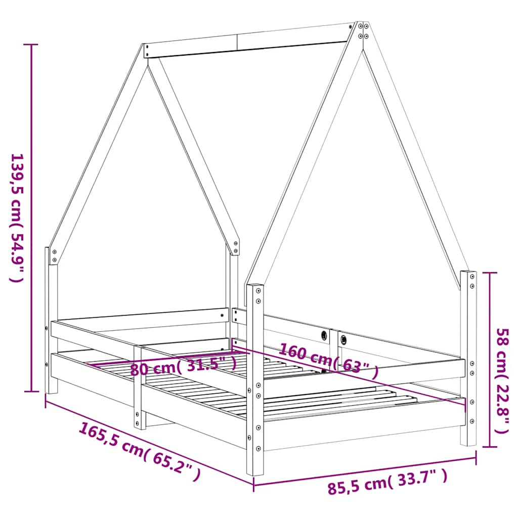 Kids Bed Frame Black 80x160 cm Solid Wood Pine
