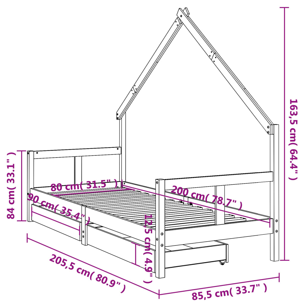 vidaXL Kids Bed Frame with Drawers 80x200 cm Solid Wood Pine