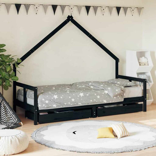 Kids Bed Frame with Drawers Black 80x200 cm Solid Wood Pine