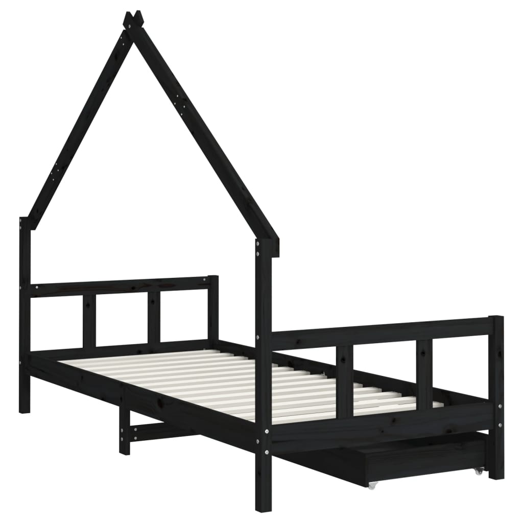 vidaXL Kids Bed Frame with Drawers Black 90x200 cm Solid Wood Pine